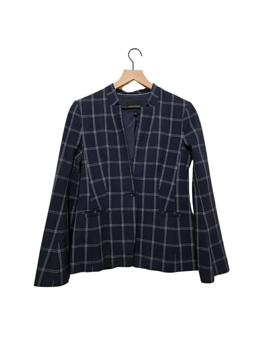 Banana Republic Navy Windowpane Split Flare Sleeve Blazer Sz 2
